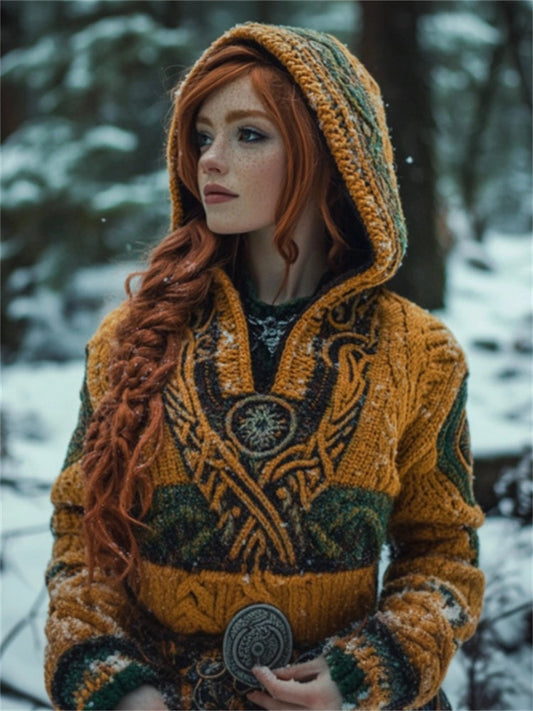 Forest Inspired Mystical Celtic Contrast Color Cozy Hooded Cardigan artswardrobe