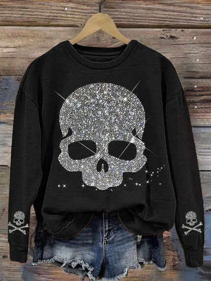 Comstylish Shiny Rhinestone Skull Pattern Sweatshirt
