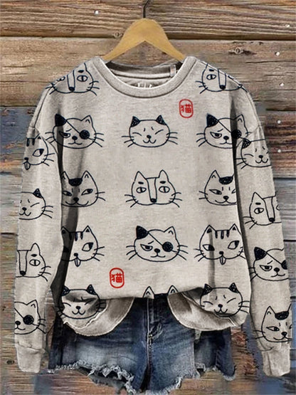 Lovely Cats Faces Japanese Pattern Sweatshirt elevenforest