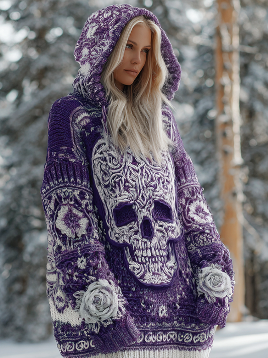 Halloween Skeleton Element Viking Style Women's Hooded Pullover Knit Sweater artswardrobe