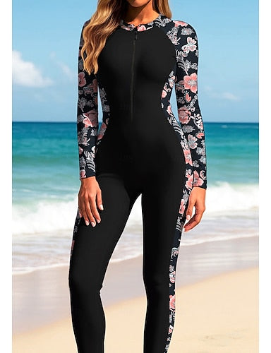 Rash Guard Full Body Rash Guard One Piece Surfing Suit Tropical Zip Up With Built in Bra Front Zip Uv Sun Protection Full Coverage Upf50+ Long Sleeve Full Body Swimwear Bodysuit