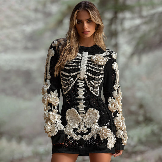 Women's Halloween Skeleton Bones With White Rose Art Hot Sexy Style Cozy Knit Mini Sweater Dress artswardrobe
