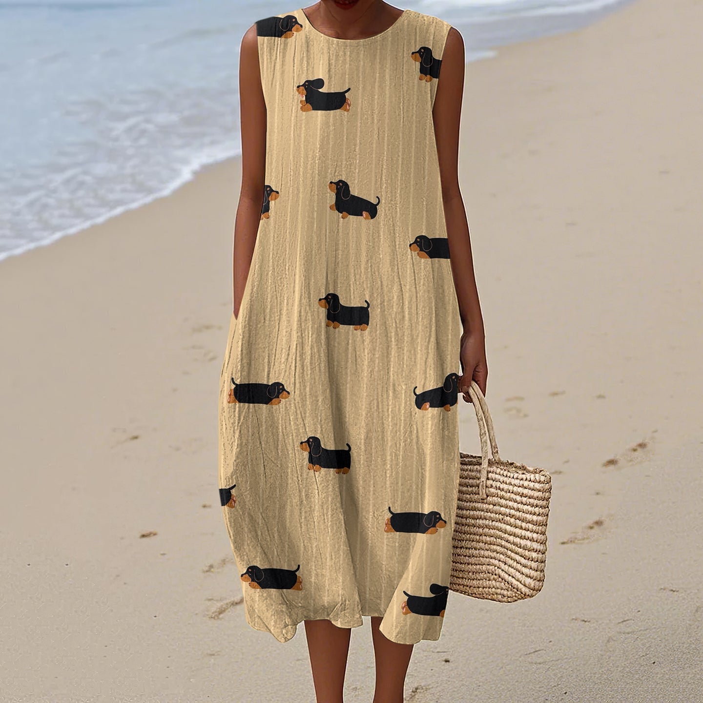Comstylish Retro Dachshund Dog Stripe Art Linen Tank Midi Dress