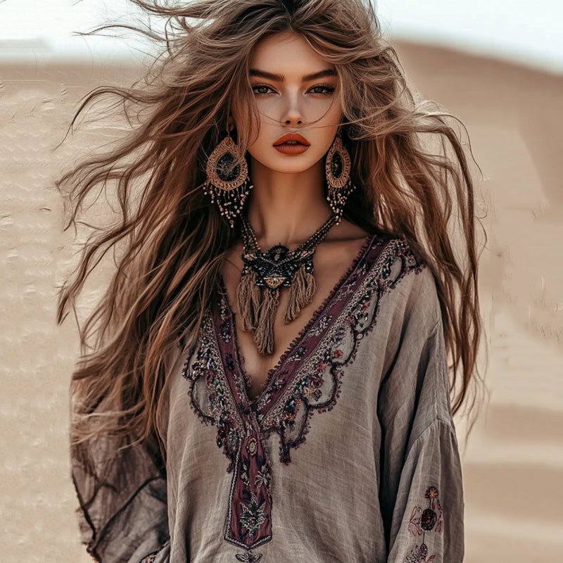 Comstylish Vintage Boho Floral Embroidery Art Cotton Blend Blouse