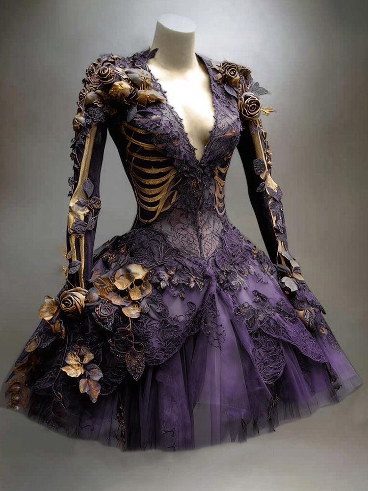Comstylish Women's Gothic Skull And Branches Pattern Witch Midi Dress