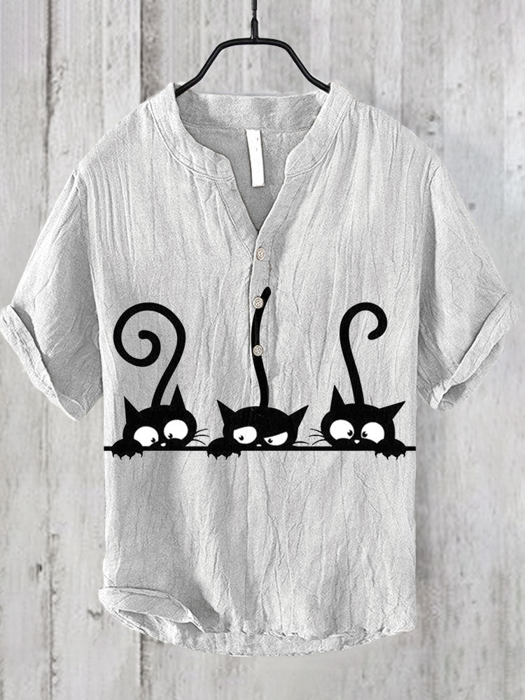 Japanese Art Black Cat Print Cotton Blend Shirt elevenforest
