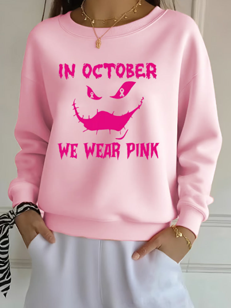 Women's In October We Wear Pink Ghost Print Crew Neck Sweatshirt elevenforest