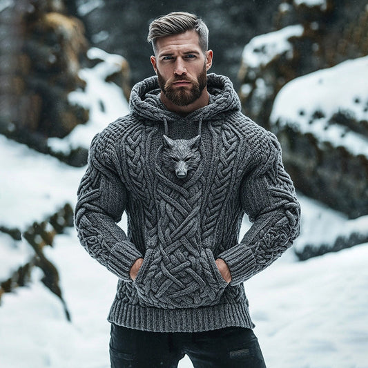 Men's Viking Tribal Wolf Inspired Chunky Knit Pocket Hooded Sweater artswardrobe