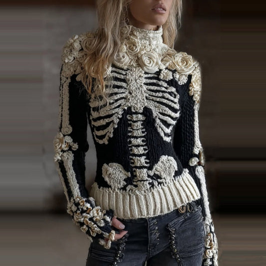 Women's Halloween Skeleton White Roses Art Cozy Knit Turtleneck Sweater artswardrobe