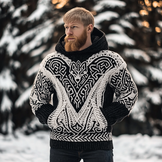 Men's Viking Tribe Wolf Jacquard Celtic Style Knitted Hooded Sweater artswardrobe
