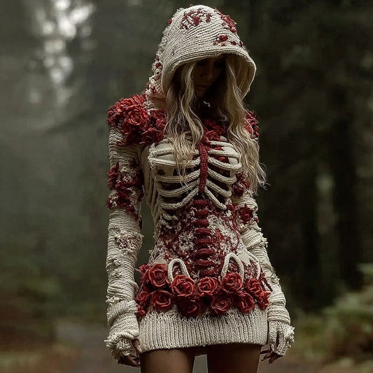 Women's Vintage Skeleton Red Rose Art Knit Mini Sweater Dress artswardrobe