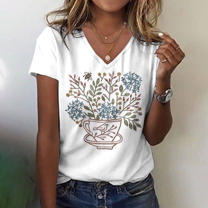 Women's Vintage Cup Floral Bird Embroidery Pattern V-neck T-shirt artswardrobe