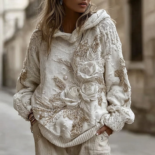 Women's Vintage White Rose Knitted Warm Hooded Sweater artswardrobe