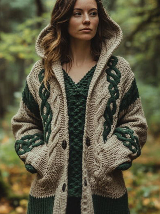 Women's Celtic Knot Vintage Cozy Knit Hooded Cardigan artswardrobe