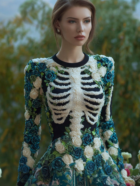 Women's Vintage Halloween Skeleton Bones With Rose Art Cozy Knit Mini Sweater Dress artswardrobe