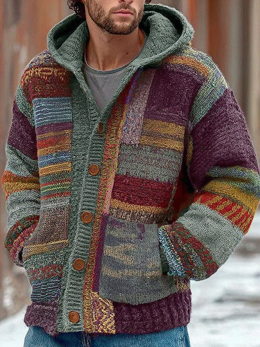 Men's Colorblock Patchwork Cozy Knit Jacquard Fairman Island Jacquard Thick Warm Hooded Sweater Cardigan artswardrobe