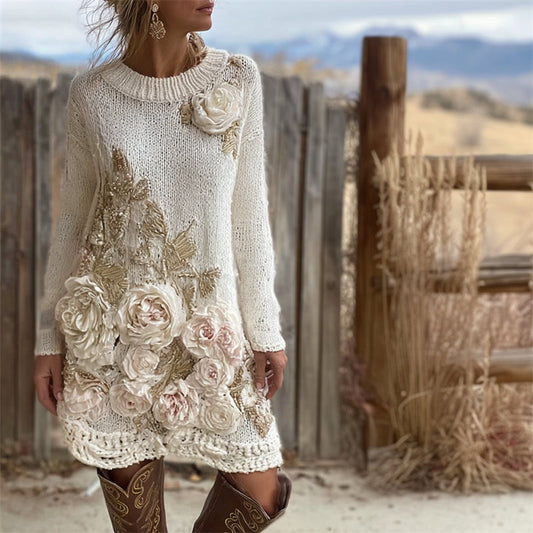 Vintage White Roses Glitter Embroidered Cozy Knit Sweater Dress artswardrobe