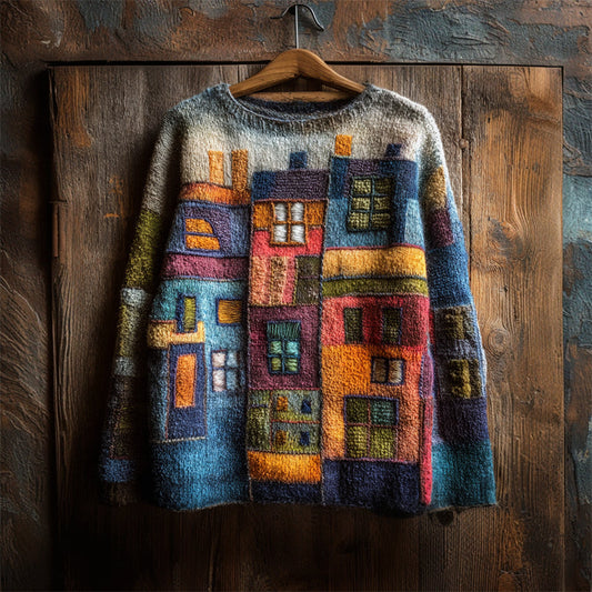 Colorful Street Building Inspired Colorblock Cozy Knit Sweater artswardrobe