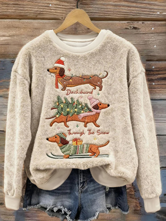 Women's Cute Christmas Dachshund Pattern Flannel Hoodie