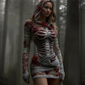 Women's Vintage Red Rose Skeleton Art Knit Hooded Mini Sweater Dress artswardrobe