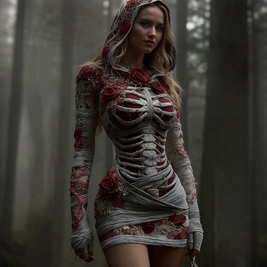 Women's Vintage Red Rose Skeleton Art Knit Hooded Mini Sweater Dress artswardrobe