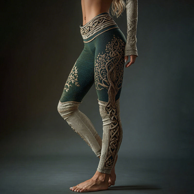 Women's Life Of Tree Celtic Contrast Color Design Jacquard Art Cozy Leggings artswardrobe