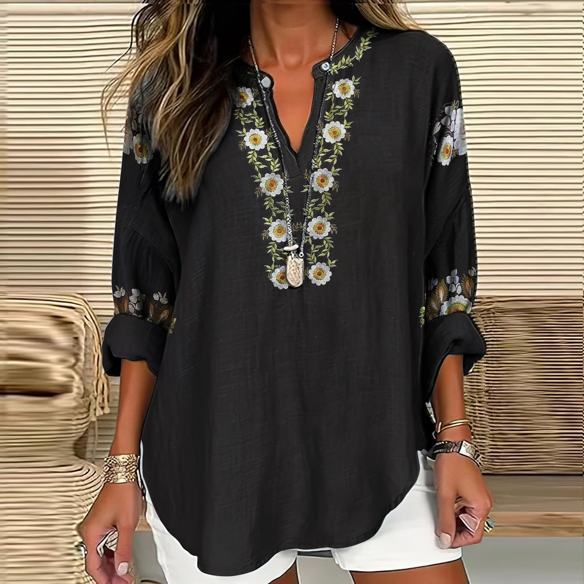 Comstylish Vintage Ethnic Floral Linen V-neck Long Sleeve Shirt