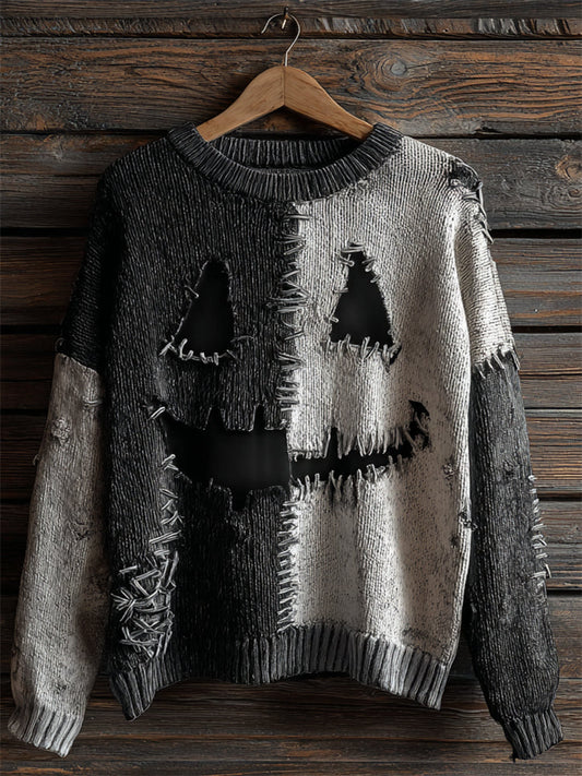 Halloween Pumpkin Face Contrast Stitched Cozy Knit Sweater artswardrobe