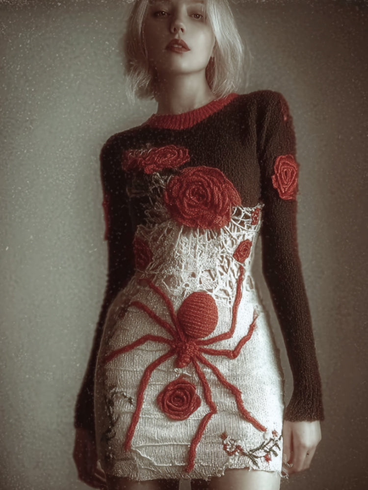 Comstylish Women Halloween Spider And Rose Vintage Knitted Dress