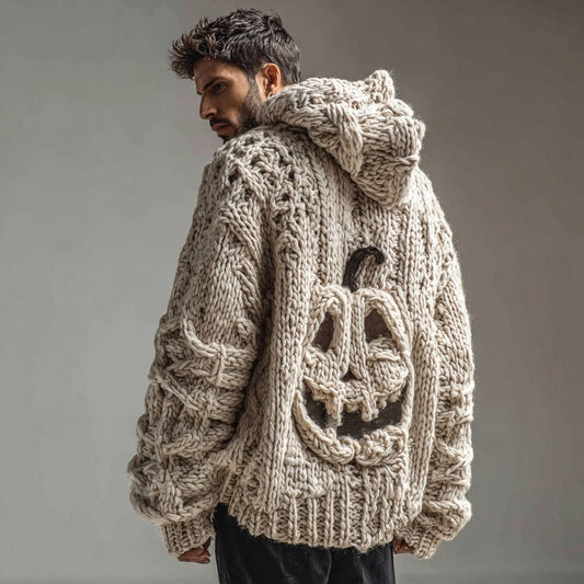 Men's Spooky Pumpkin Pattern Knitted Warm Zip Hooded Cardigan Sweater artswardrobe