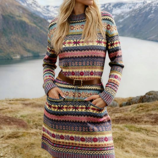 Vintage Fairman Island Knit Jacquard Crew Neck Sweater Midi Dress artswardrobe