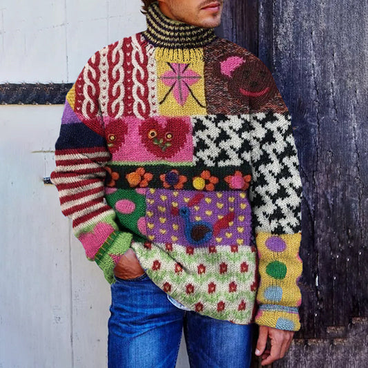 Men's Vintage Warmth Colorful Patchwork Lover Pullover Knitted Turtleneck Sweater artswardrobe