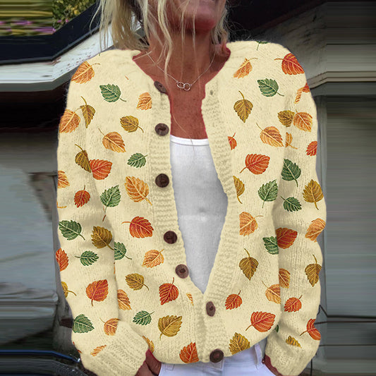 Leaf Print Long Sleeved Knitted Cardigan artswardrobe