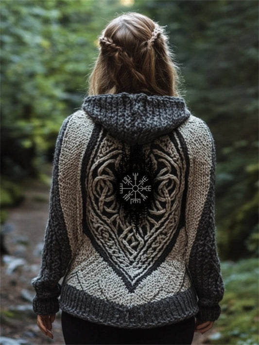Vintage Viking Vegvisir Celtic Cozy Chunky Hooded Cardigan artswardrobe