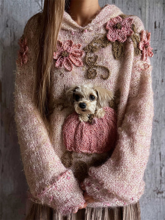 Lovely Fuzzy Dog & Pink Pumpkin Floral Cozy Hooded Sweater artswardrobe