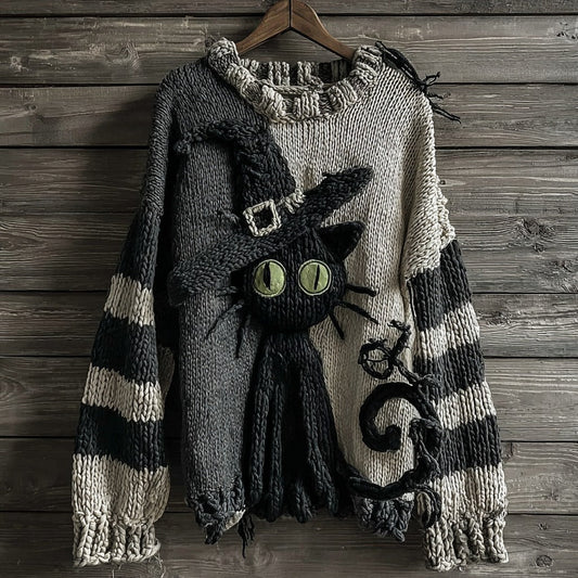 Halloween Black Cat Striped Knitted Warm Crew Neck Sweater artswardrobe