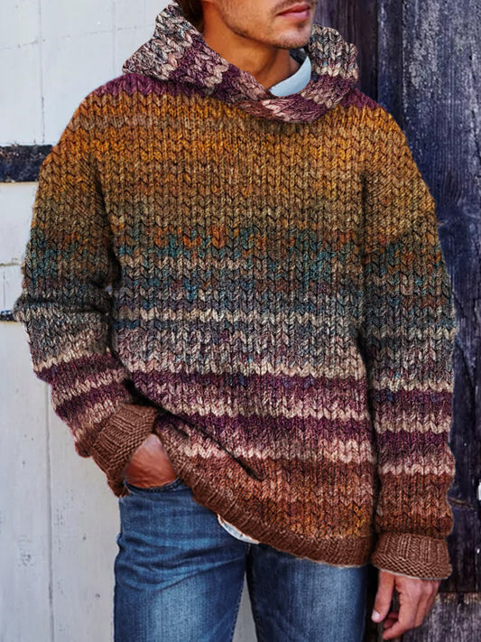 Men's Retro Colorful Striped Crochet Art Cozy Hooded Sweater artswardrobe