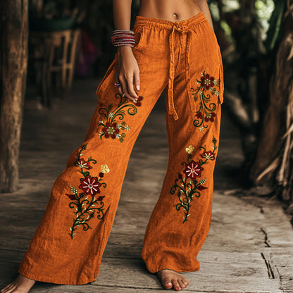 Vintage Floral Art Printed Cotton Linen Wide Leg Pants artswardrobe