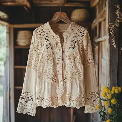 Comstylish Women's Retro Floral Lace Embroidery Art V-neck Shirt