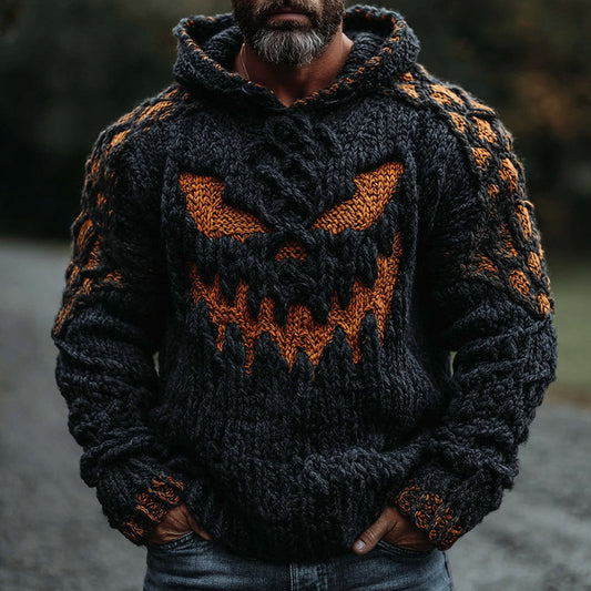 Men's Halloween Pumpkin Face Celtic Knot Chunky Hooded Sweater artswardrobe