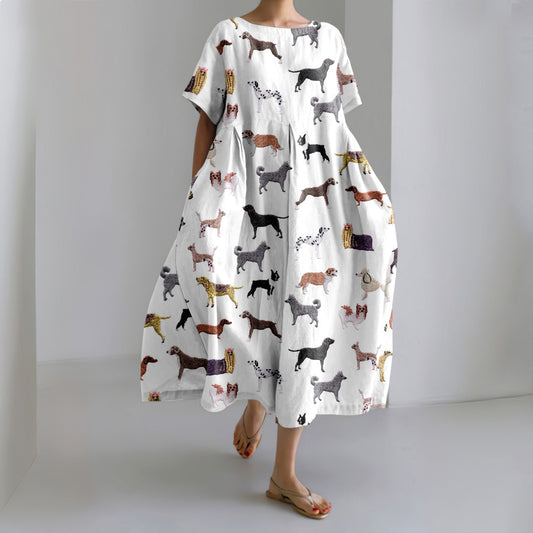 Comstylish Dog Print Crew Neck Short Sleeve Midi Dress