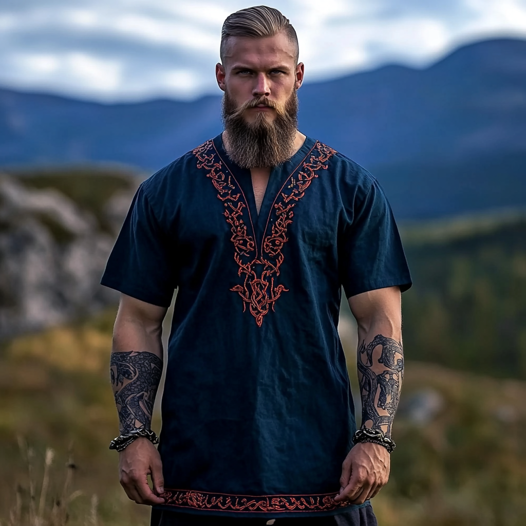 Men's Vintage Viking Urnes Style Cotton And Linen V-neck Shirt artswardrobe