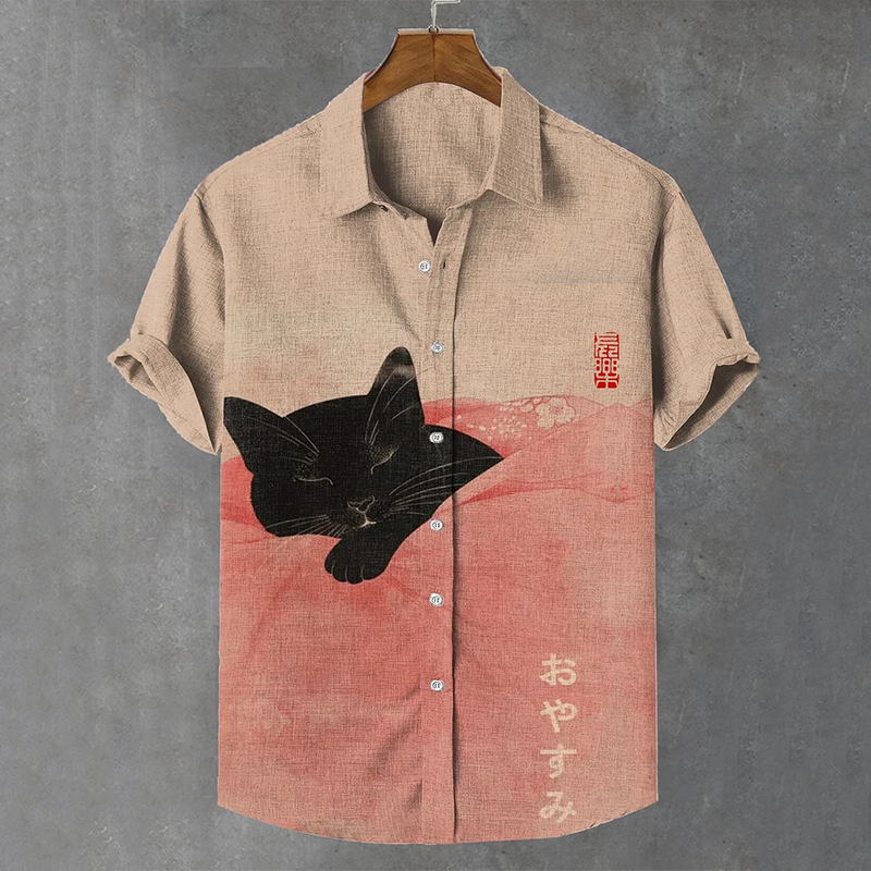 Retro Chilling Sleeping Black Cat Ink Painting Linen Blend Shirt elevenforest