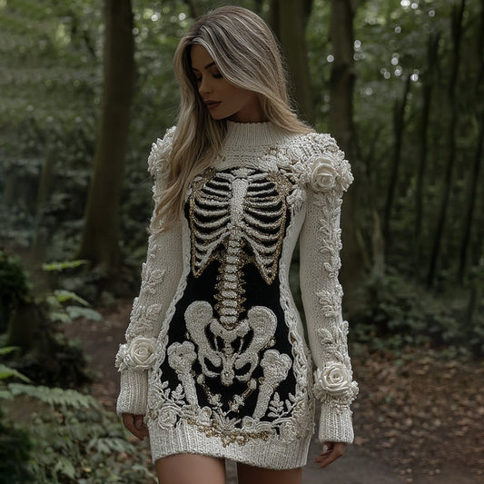 Women's Vintage Halloween Skeleton Bones With Rose Art Cozy Knit Mini Sweater Dress artswardrobe