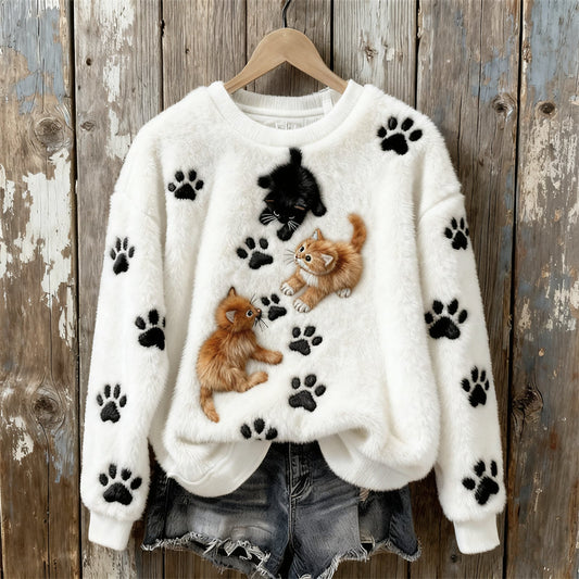 Lovely Cats Paw Prints Embroidered Cozy Plush Sweatshirt