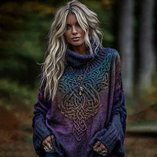Women's Viking Celtic Knot Art Gradien Turtleneck Cozy Knit Sweater artswardrobe