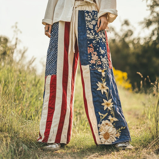 Women's Vintage Independence Day Floral Embroidery Patchwork Design  Linen Wide Leg Pants artswardrobe