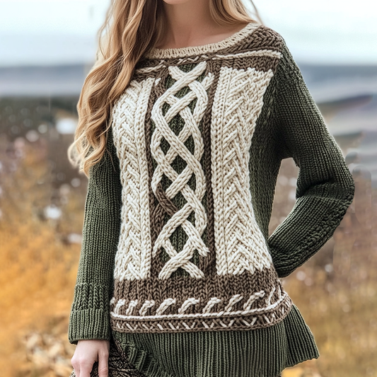 Women's Irish Pattern Jacquard Cozy Crew Neck Sweater artswardrobe