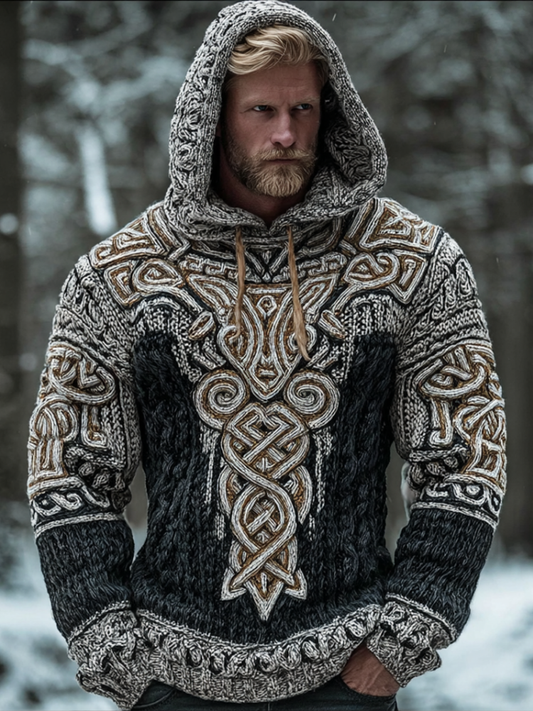 Men's Hooded Thick Sweater With Viking Style Tribal Totem And Wolf Totem Patterns artswardrobe