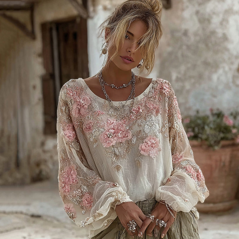 Women's Vintage Floral Embroidered Art Round Neck Blouse elevenforest